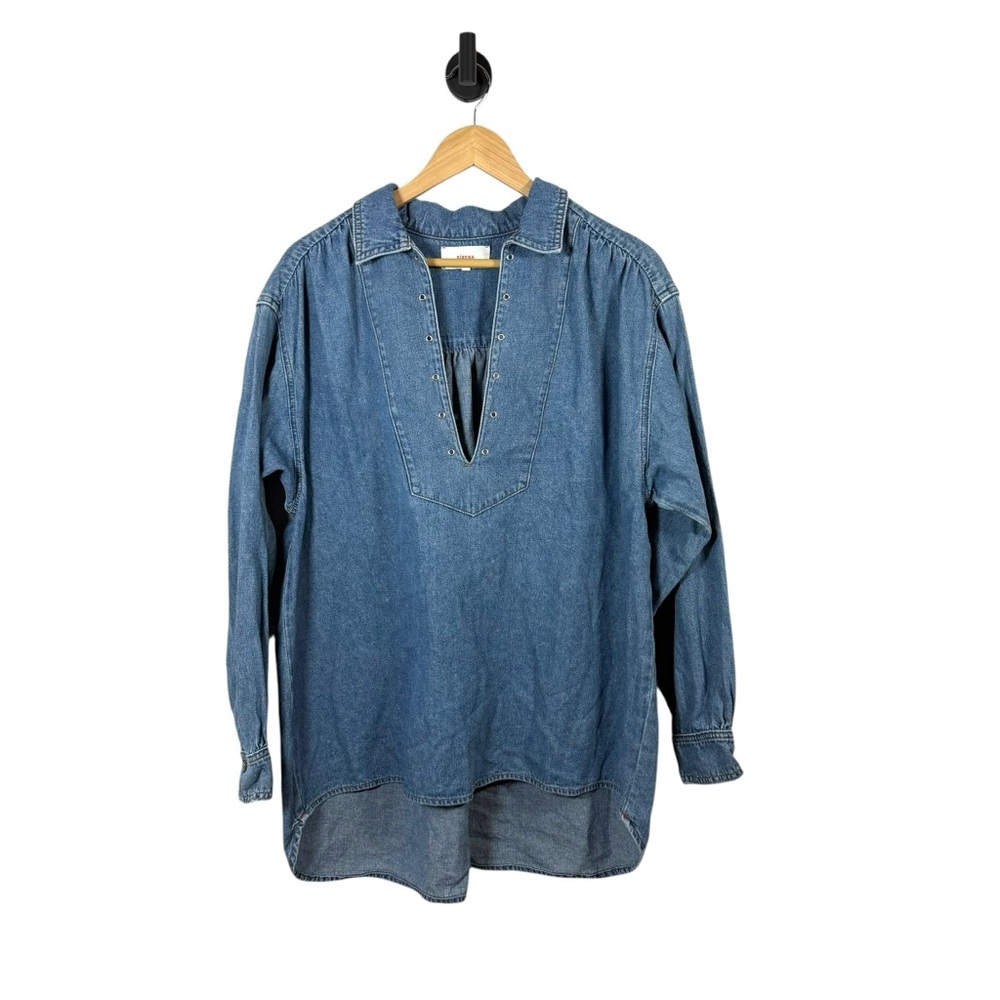 Xirena Women’s Cooper Denim Oversized V Collared Tunic Top in Blue Size M